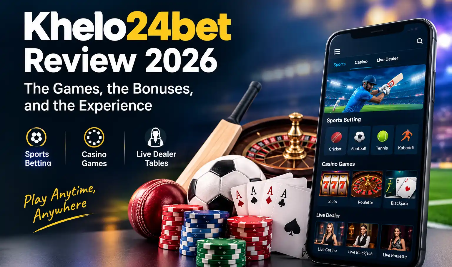 Khelo24bet Review 2026 featuring sports betting, casino games and live dealer tables